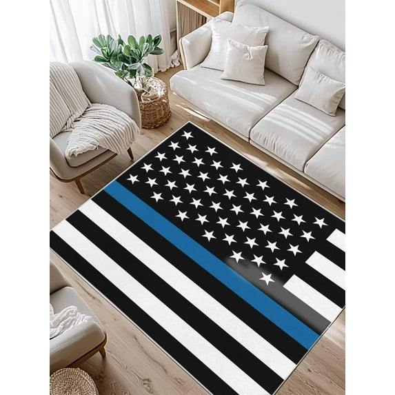 Thin Blue Area Rug for Bedroom 2.7x5 Ft Line Flag American Police Flag Honoring Law Enforcement Officers Soft fuzzy Throw Rug Non-Slip Fluffy Plush Indoor Floor Carpet for Living Room Home Decor