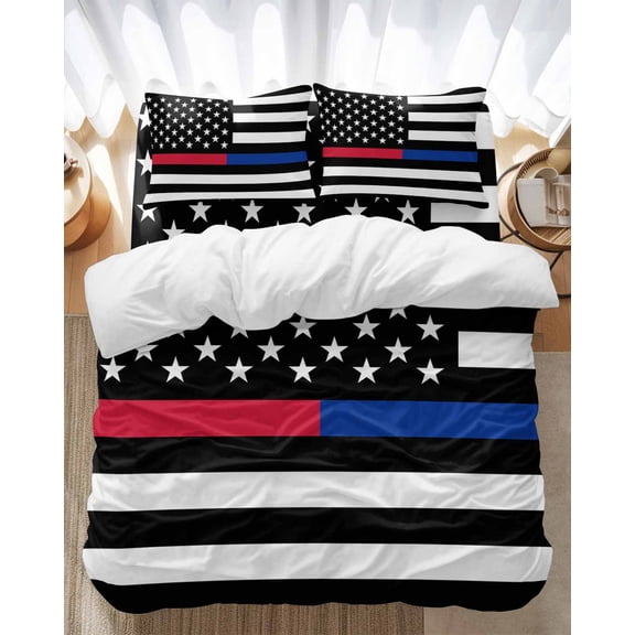 Thin Blue Bedding Duvet Cover Set King Size 4 Pieces Line Thin Red Line Flag Police and Fire Officer Bedding Set with Zipper Closure, 1 Comforter Cover 92x106 Inches 1 Flat Sheet & 2 Pillow Cases