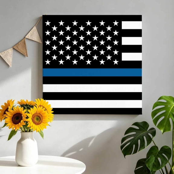 Thin Blue Canvas Wall Art Framed Wall Decor for Living Room Bedroom Bathroom, Line Flag American Police Flag Honoring Law Enforcement Officers Canvas Pictures Ready to Hang Decor, 8"x8"