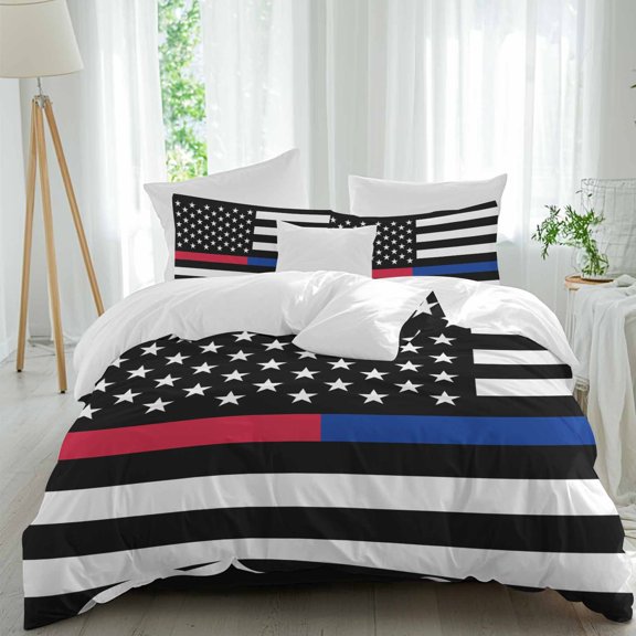 Thin Blue Comforter Set Queen Size, Line Thin Red Line Flag Police and Fire Officer Soft Bedding Set for Man Woman, 4 Pieces Duvet Cover Set with Fitted Sheet, 2 Pillowcases