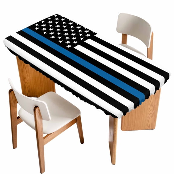 Thin Blue Fitted Rectangle Tablecloth 32" x 72" Line Flag American Police Flag Honoring Law Enforcement Officers Elastic Table Cloth Fits for 6 Foot Folding Tables Waterproof Table Cover for Picnic