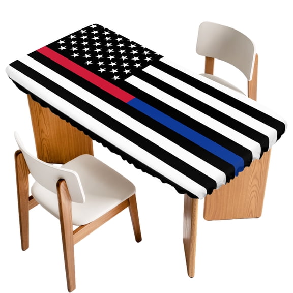 Thin Blue Fitted Rectangle Tablecloth 32" x 72" Line Thin Red Line Flag Police and Fire Officer Elastic Table Cloth Fits for 6 Foot Folding Tables Waterproof Table Cover for Picnic Camping Outdoor