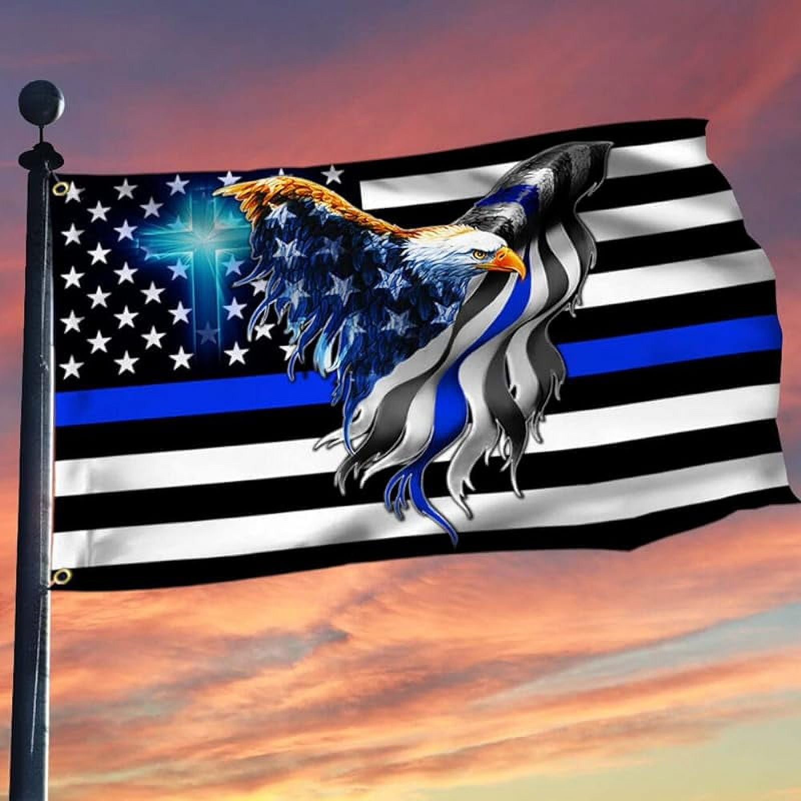 Thin Blue Line American Eagle Flag Double sided 5x8ft 3ply One Nation Under God Flag with Jesus