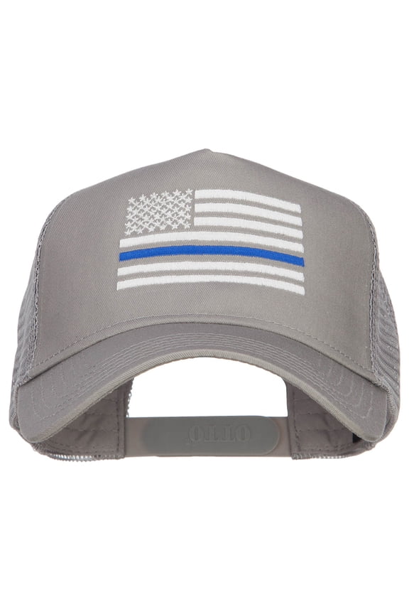 Thin Blue Line American Flag Embroidered Mesh Cap - Grey OSFM