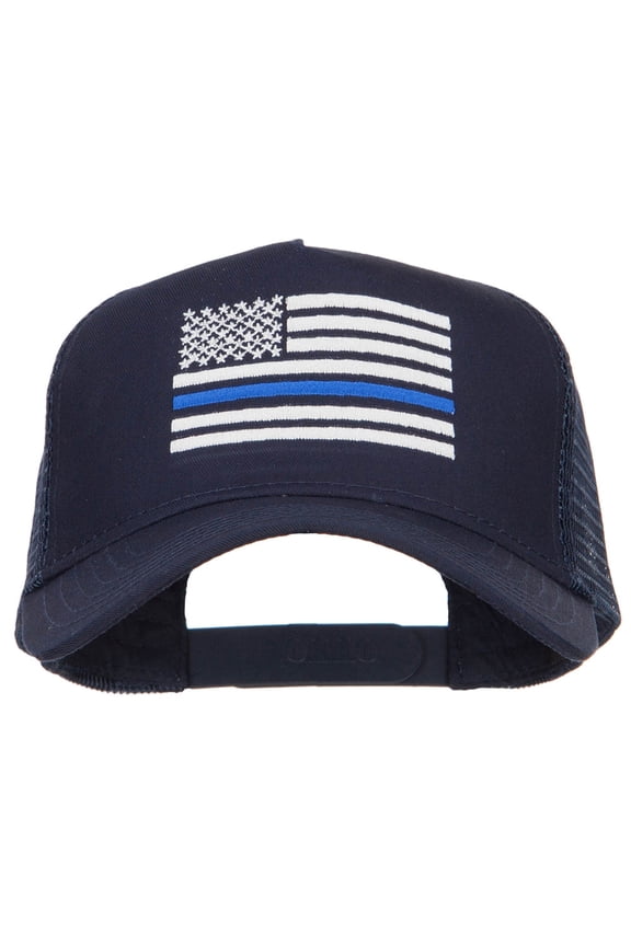 Thin Blue Line American Flag Embroidered Mesh Cap - Navy OSFM
