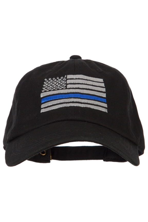 Thin Blue Line American Flag Embroidered Unstructured Cotton Washed Cap - Black OSFM