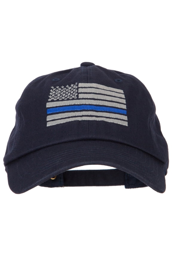 Thin Blue Line American Flag Embroidered Unstructured Cotton Washed Cap - Navy OSFM