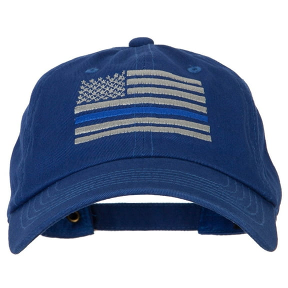 Thin Blue Line American Flag Embroidered Unstructured Cotton Washed Cap - Royal OSFM