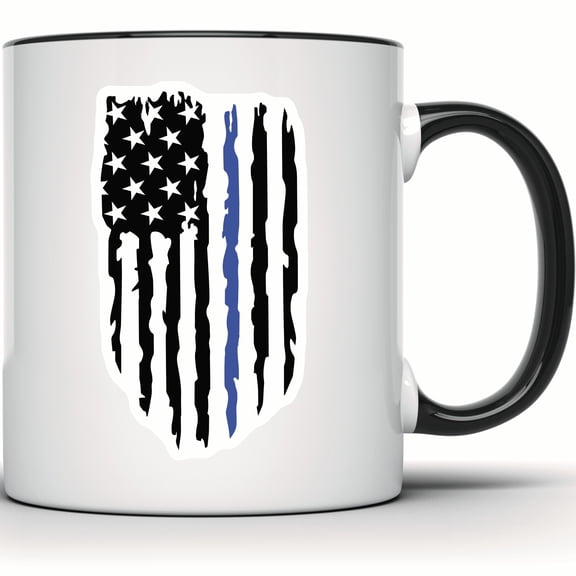 Thin Blue Line American Flag Mug Patriotic Law Enforcement Support Gift Distressed Flag Police Officer Mug - 11 Ounce Black Rim Handle Novelty Coffee Cup - WMUG0776-Black Rim