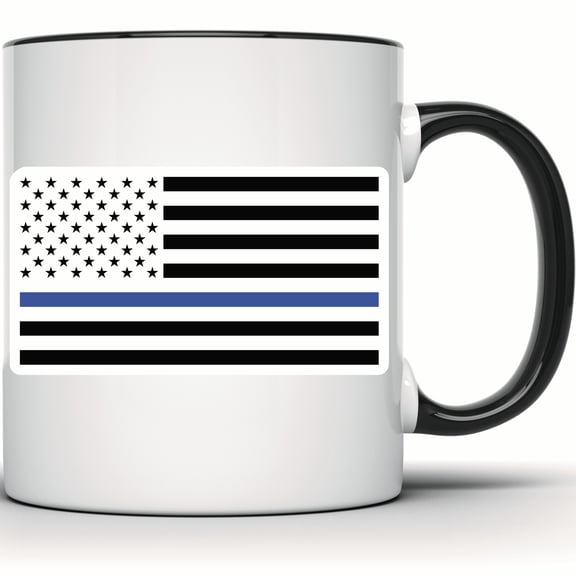 Thin Blue Line American Flag Mug, Police Officer Gift, Patriotic Coffee Mug, Law Enforcement Support, USA Flag, Back the Blue Mug - 11 Ounce Black Rim Handle Novelty Coffee Cup - WMUG0786-Black Rim