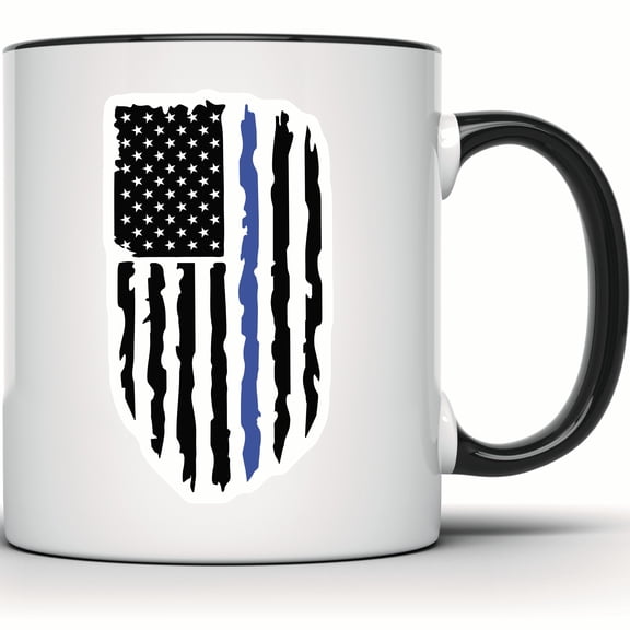 Thin Blue Line American Flag Mug Police Support Gift, Law Enforcement Patriotic Coffee Mug, Distressed USA Flag Design - 11 Ounce Black Rim Handle Novelty Coffee Cup - WMUG0777-Black Rim