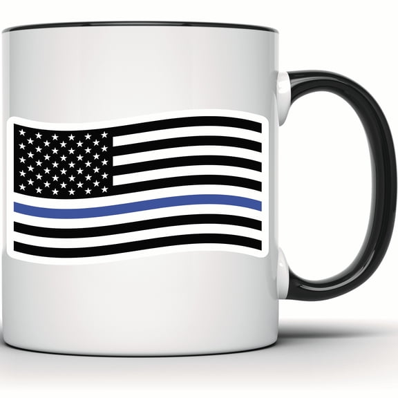 Thin Blue Line American Flag Mug - Police Support & Law Enforcement Gift - Patriotic USA Officer Coffee Cup - 11 Ounce Black Rim Handle Novelty Coffee Cup - WMUG0787-Black Rim