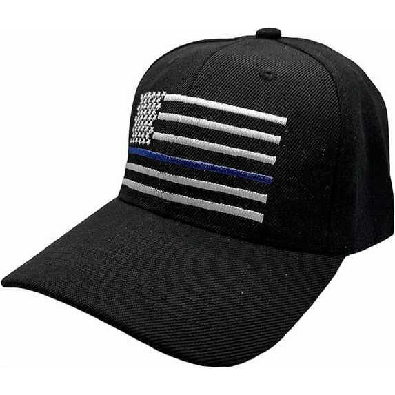 Thin Blue Line American Flag Police Baseball Cap, Law Enforcement Support w/ 3D Embroidery, Black