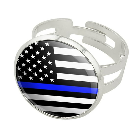 Thin Blue Line American Flag Silver Plated Adjustable Novelty Ring