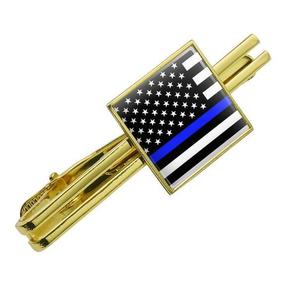 Thin Blue Line American Flag Square Tie Bar Clip Clasp Tack Gold Color