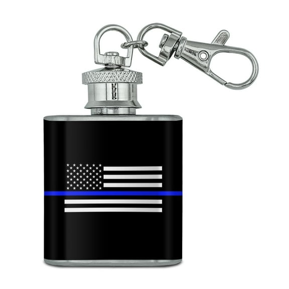 Thin Blue Line American Flag Stainless Steel 1oz Mini Flask Key Chain