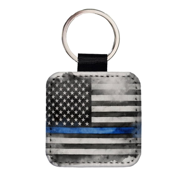 Thin Blue Line Black And White American Flag Support Policemen Police Faux Leather Square Keychain