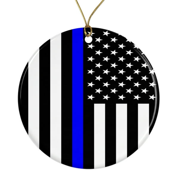 Thin Blue Line Blue Lives Police Flag Ceramic Ornament - Patriotic USA Flag American Pride - 3 Inch Christmas Tree Round Ornament - Xmas Holiday Decor - String Included - ORN0009