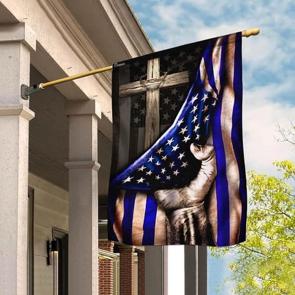 The Thin Blue Line Christian Cross, America US Flag - 4th of July Decorations for Home, Garden, House Flag (12" x 18") - USA House Garden Flags Premium Polyester, Decorative Outdoor Flags