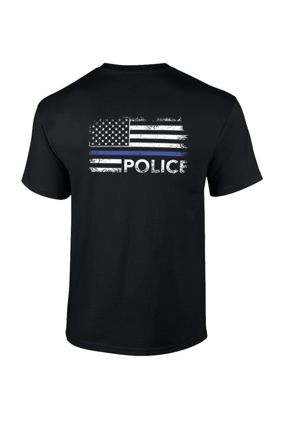 Thin Blue Line Distressed American Flag Police Short Sleeve T-shirt-Large