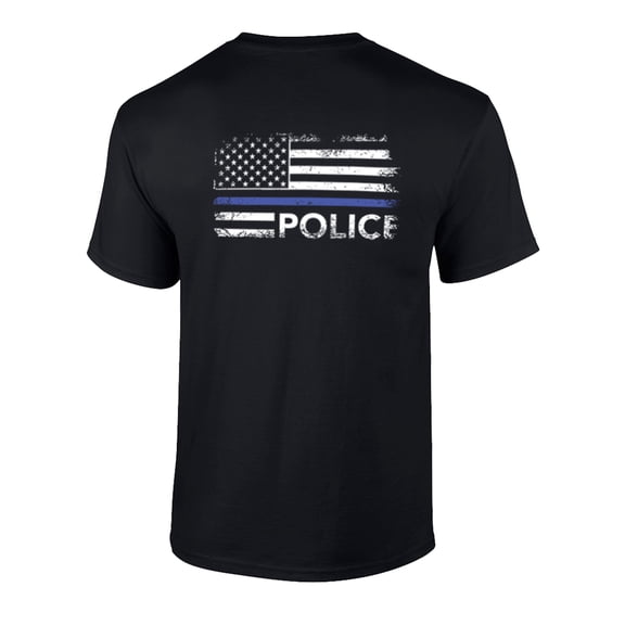 Thin Blue Line Distressed American Flag Police Short Sleeve T-shirt-Medium