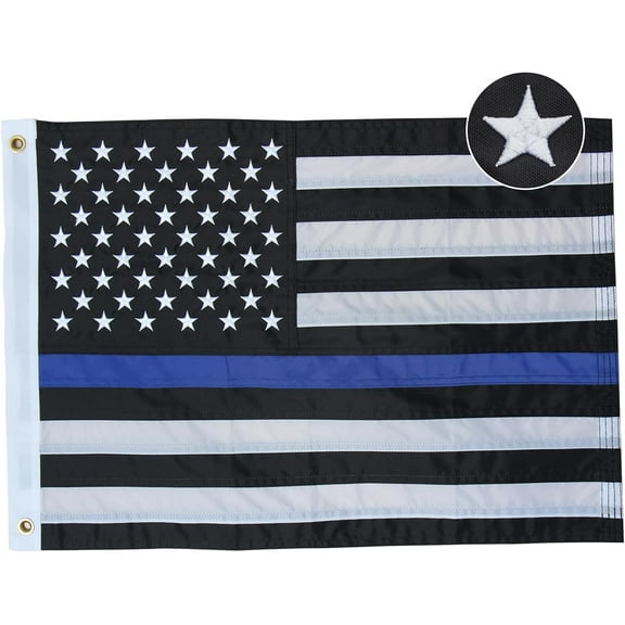 Thin Blue Line Flag 16x24 Inches Outdoor Back the Blue Flag Blue Lives Boat Flag with 50 Embroidered Stars Police Flags 2 Brass Grommets 4 Stitching Rows Nylon Heavy Duty