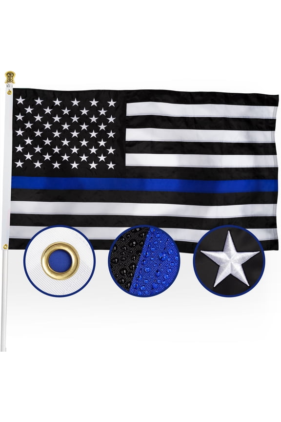 Thin Blue Line Flag 3x5 ft, 210D Nylon Police Flag with Blue Stripe Back The Blue, Embroidered Stars/Sewn Stripes/Brass Grommets
