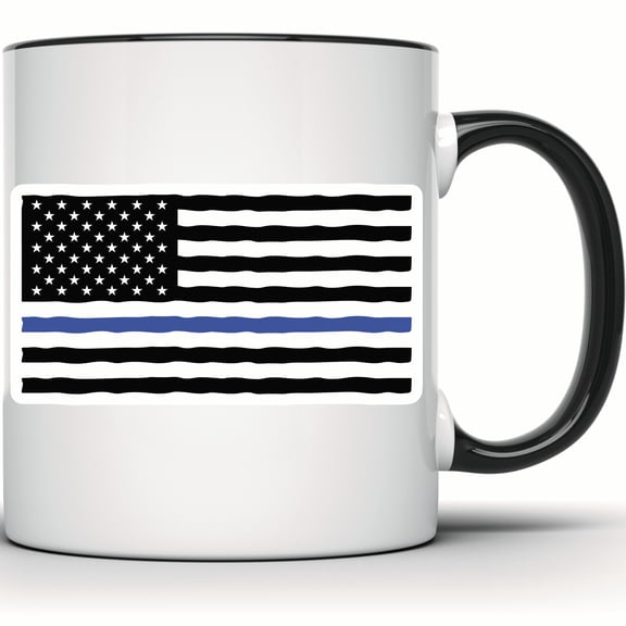 Thin Blue Line Flag Mug - American Flag Patriotic Coffee Mug - Police Support Gift - USA Law Enforcement Officer Cup - 11 Ounce Black Rim Handle Novelty Coffee Cup - WMUG0784-Black Rim
