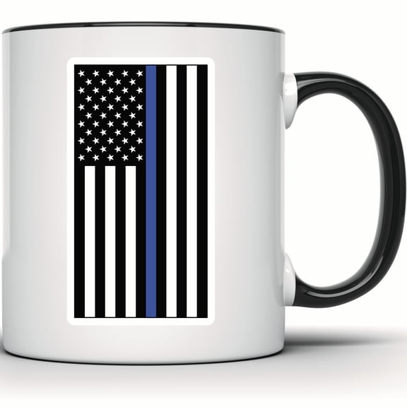 Thin Blue Line Flag Mug - Police Support | Law Enforcement Patriotic Gift | Cop Wife | Police Officer Appreciation - 11 Ounce Black Rim Handle Novelty Coffee Cup - WMUG0781-Black Rim