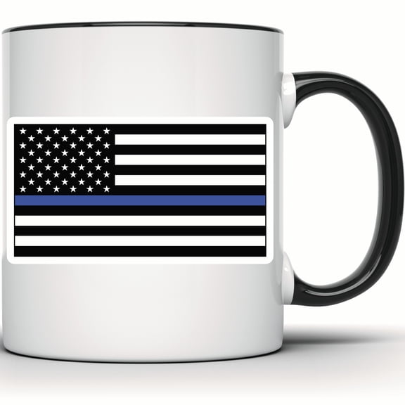 Thin Blue Line Flag Mug - USA Patriotic Police Support - Back The Blue Gift for Officer - Law Enforcement USA Flag Mug - 11 Ounce Black Rim Handle Novelty Coffee Cup - WMUG0782-Black Rim