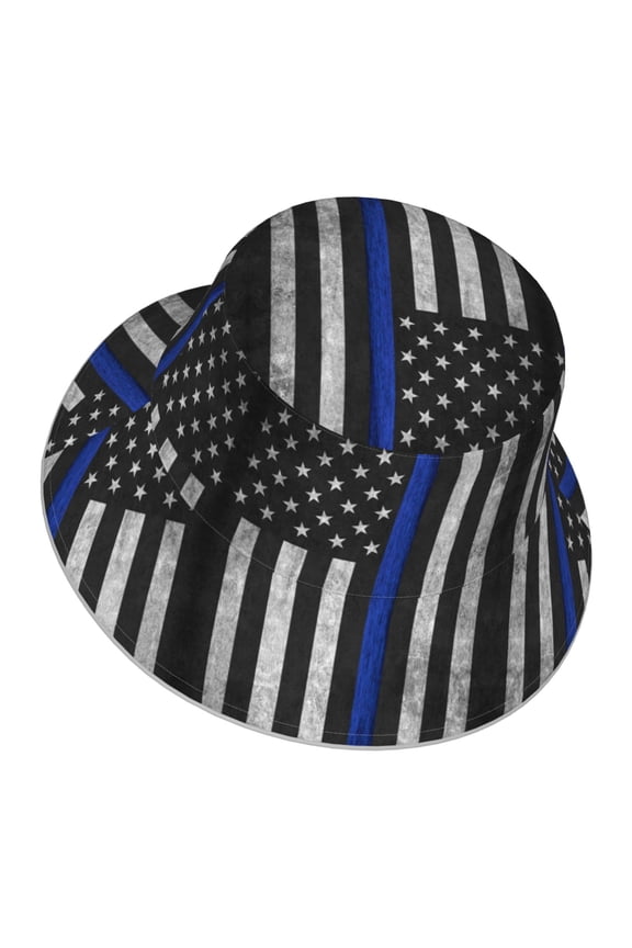 Thin Blue Line Flag Pattern Bucket Hat With Reflective Stripe For Men Women Reversible Outdoor Travel Hiking Beach Caps