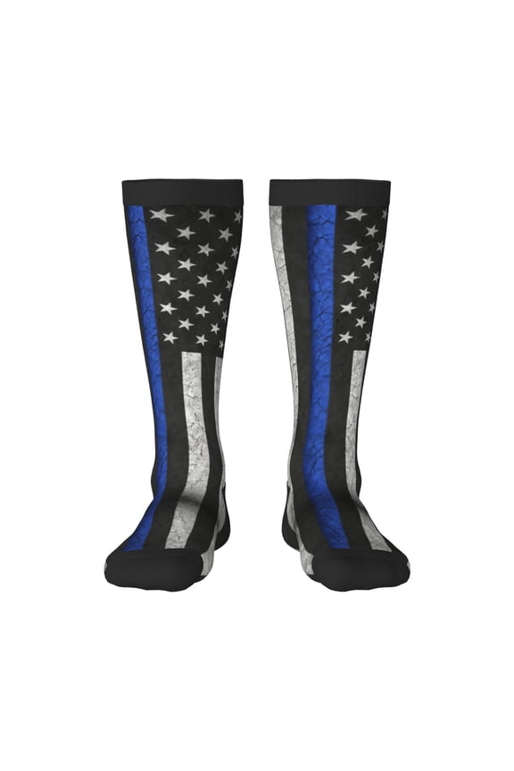Thin Blue Line Flag Pattern Knee High Socks for Women Long Leg Warmers Socks