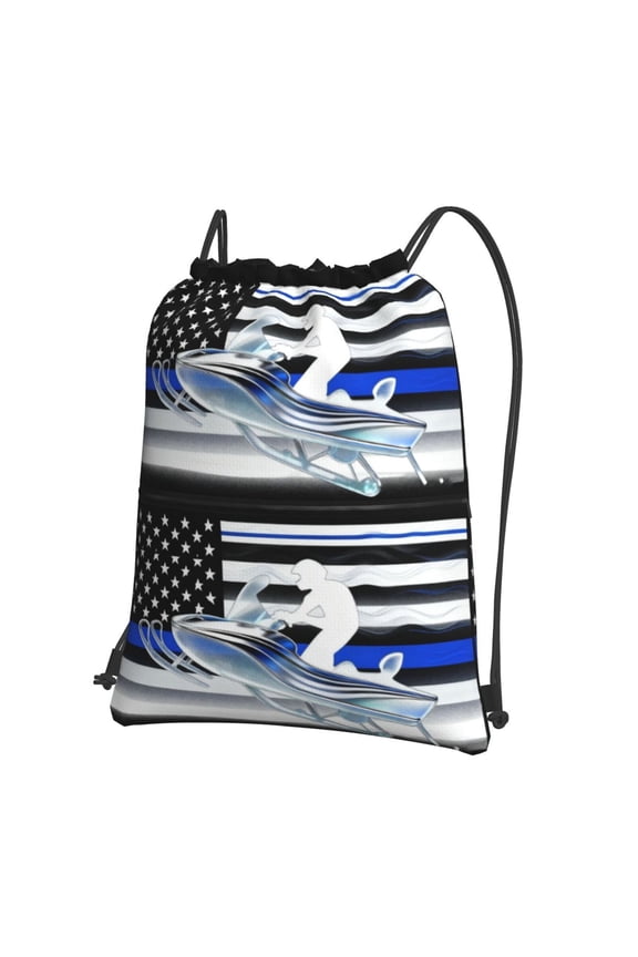 Thin Blue Line Flag Platinum Snowmobile Drawstring Backpack Water Resistant String Bag Sports Sackpack Gym Sack For Men Women
