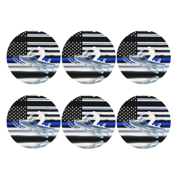 Thin Blue Line Flag Platinum Snowmobile Leather Coasters for Drinks Perfect for Living Room, Kitchen, or Outdoor Use Set of 6 Round Shape