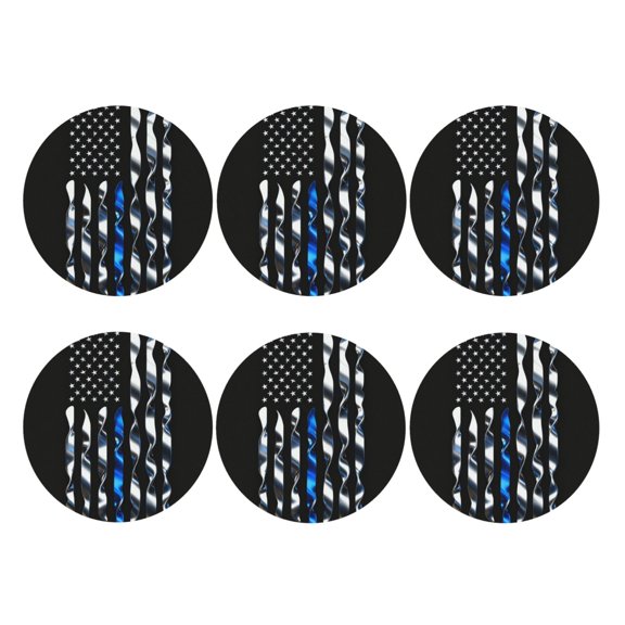 Thin Blue Line Flag Print Leather Coasters for Drinks Perfect for Living Room, Kitchen, or Outdoor Use Set of 6 Round Shape