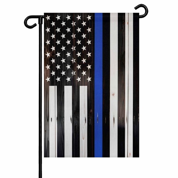 Thin Blue Line Garden Flags for Outside Vintage American Flag Rustic Wood Double Sided Yard Flags Outdoor House Decoration, Small 12X18 Inch,