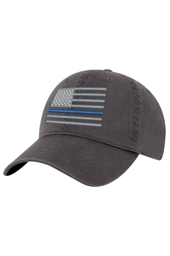 Thin Blue Line Hat – Police Support Cap | Embroidered American Flag & Blue Line Dad Hat (Charcoal)