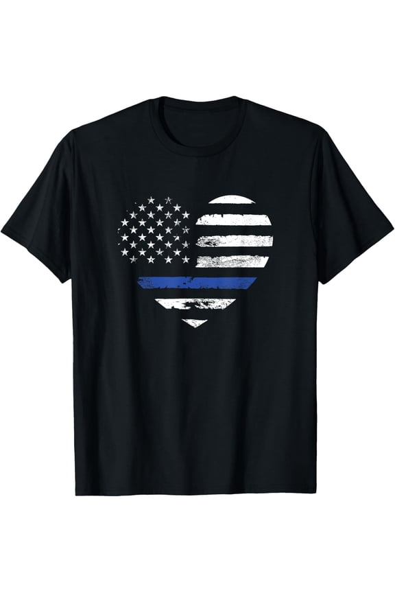 Thin Blue Line Heart Flag Police Officer Support T-Shirt