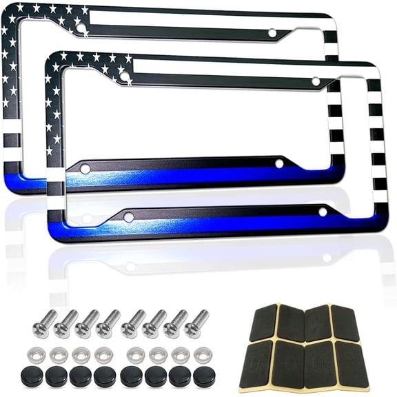 Thin Blue Line License Plate Frames - Aluminum American Flag Police Support with UV Printing, Rustproof Hardware & Black Caps -Back The Blue Design