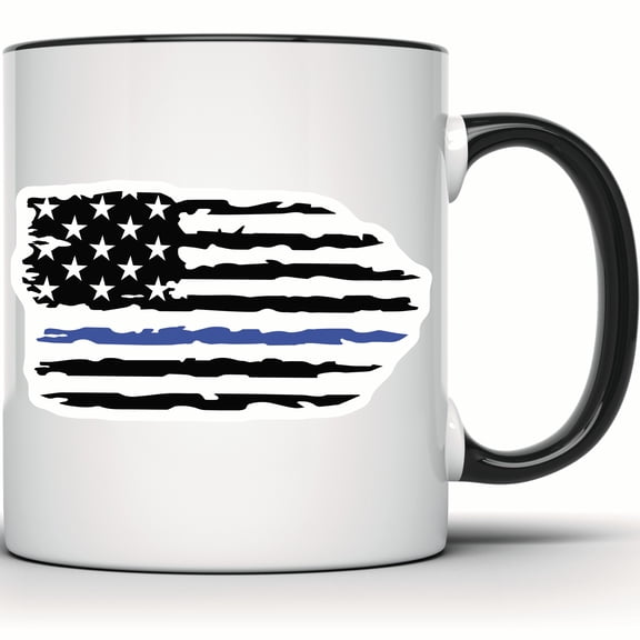 Thin Blue Line Patriotic Mug | American Flag | Police Officer Gift | Law Enforcement Support | Gift for Him & Her - 11 Ounce Black Rim Handle Novelty Coffee Cup - WMUG0775-Black Rim