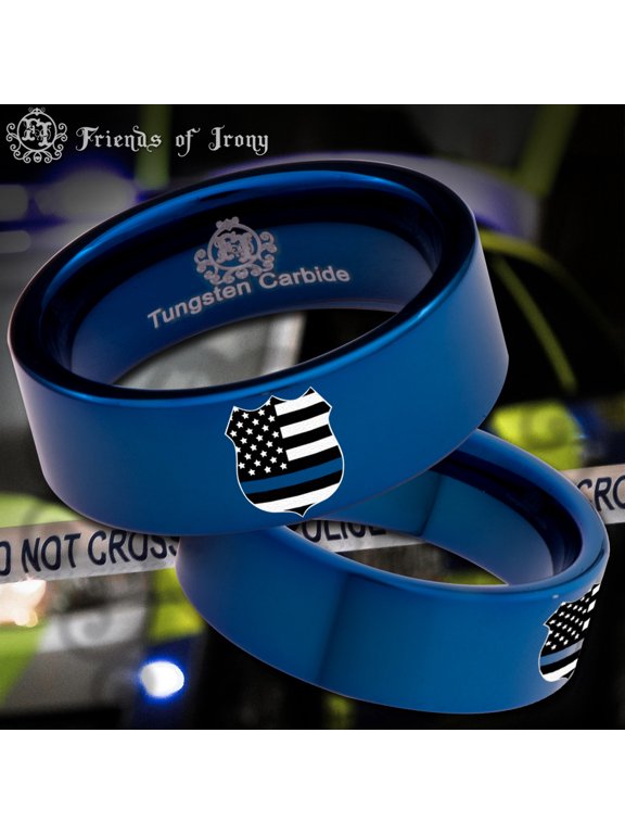 Thin Blue Line Police Flag Badge Tungsten Carbide Ring