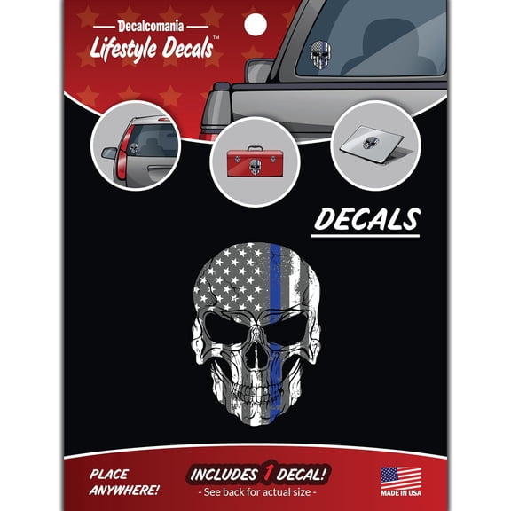 Thin Blue Line Police Skull Decal - Large 6.25" Police Car Sticker Vinyl Decal for Truck Window Bumper Laptop US Flag