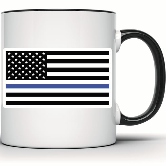 Thin Blue Line Police Support Mug - American Flag, Law Enforcement Gift, Blue Lives Matter, Patriotic Mug for Officers - 11 Ounce Black Rim Handle Novelty Coffee Cup - WMUG0780-Black Rim