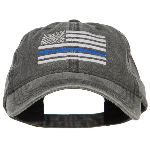 Thin Blue Line Silver USA Flag Embroidered Washed Cap - Black OSFM