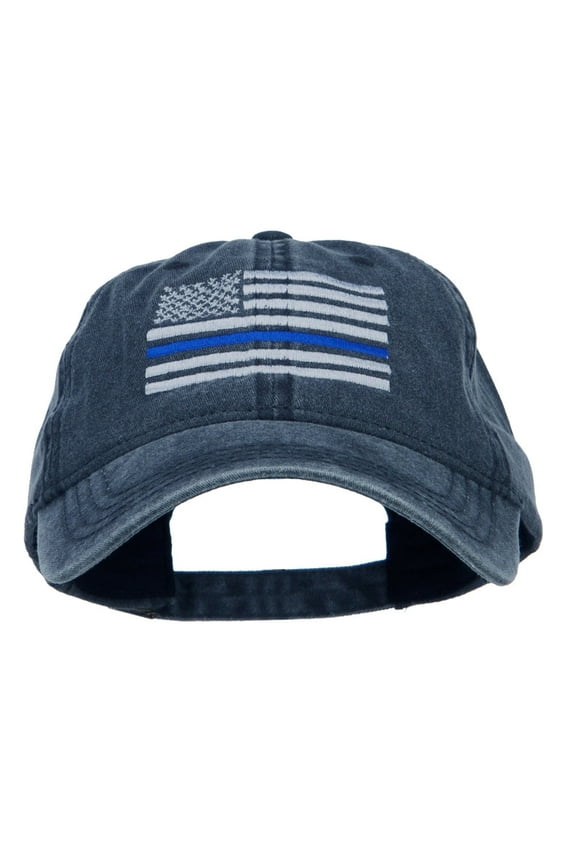 Thin Blue Line Silver USA Flag Embroidered Washed Cap - Navy OSFM