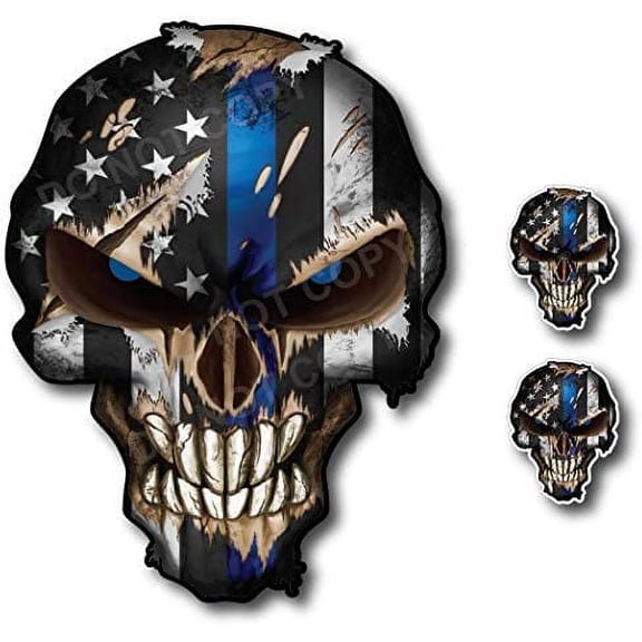 Thin Blue Line Skull with Blue Reflective Eyes Police Officer BLM American Flag Vinyl Decal Sticker Car Truck