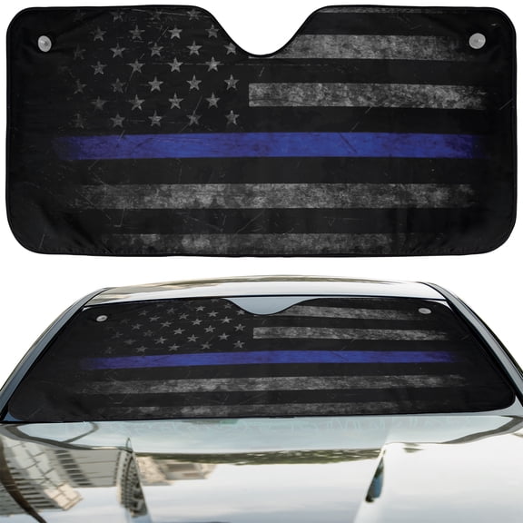 Thin Blue Line Subdued American Flag Accordion Style Universal Auto Sunshade for Front Windshield