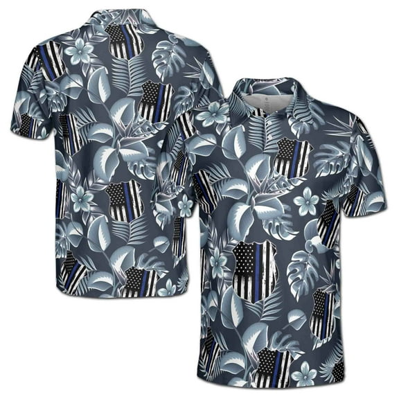 Thin Blue Line Tropical Pattern 4th of July Independence Day Men's Polo Shirt
