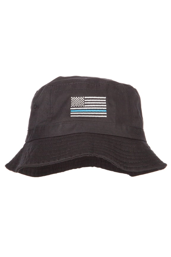 Thin Blue Line USA Flag Embroidered Bucket Hat - Black OSFM