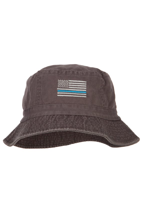 Thin Blue Line USA Flag Embroidered Bucket Hat - Charcoal OSFM